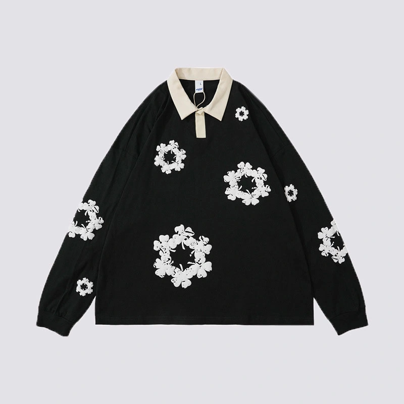 Custom Puff Printing Snowflake Pattern Loose Long Sleeve Women′s Polo Shirts Casual