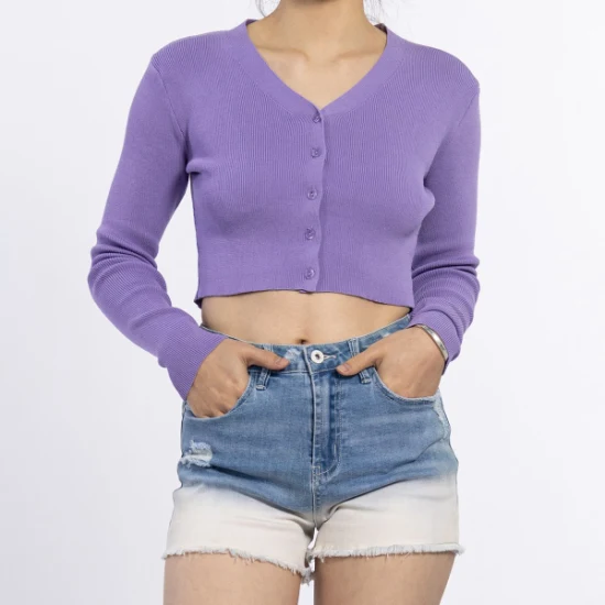 Camicie maglione casual da donna a maniche lunghe in cotone a costine lavorato a maglia viola personalizzate