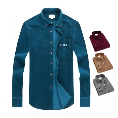 Camicie casual in velluto a coste tinta unita a maniche lunghe personalizzate OEM da uomo, Polo personalizzata, Bottone per camicia personalizzato, Camicia da uomo personalizzata, Camicia a sublimazione in poliestere personalizzata